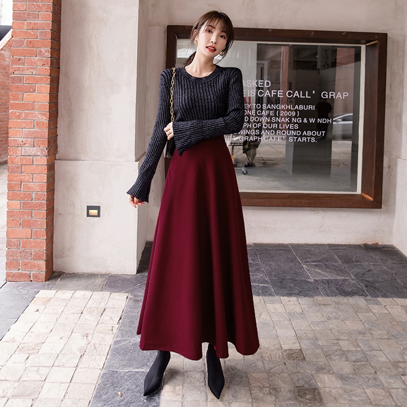 ボトムス スカート ロングスカート マキシ丈 ロング丈 ロング レハイウエスト シンプル 無地 ドレープ Aライン ウール 厚手 厚い 脚長 シルエット 美ライン 大人可愛い かわいい 可愛い
