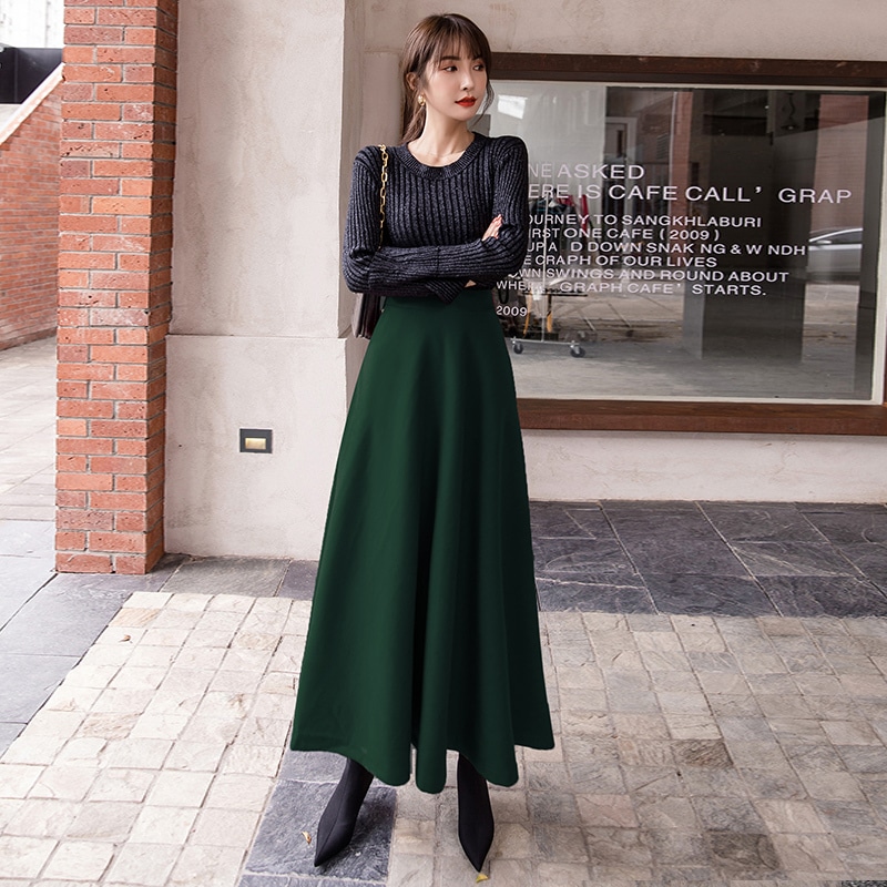 ボトムス スカート ロングスカート マキシ丈 ロング丈 ロング レハイウエスト シンプル 無地 ドレープ Aライン ウール 厚手 厚い 脚長 シルエット 美ライン 大人可愛い かわいい 可愛い