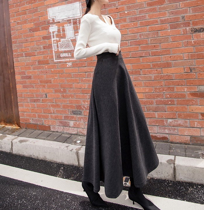 ボトムス スカート ロングスカート マキシ丈 ロング丈 ロング レハイウエスト シンプル 無地 ドレープ Aライン ウール 厚手 厚い 脚長 シルエット 美ライン 大人可愛い かわいい 可愛い