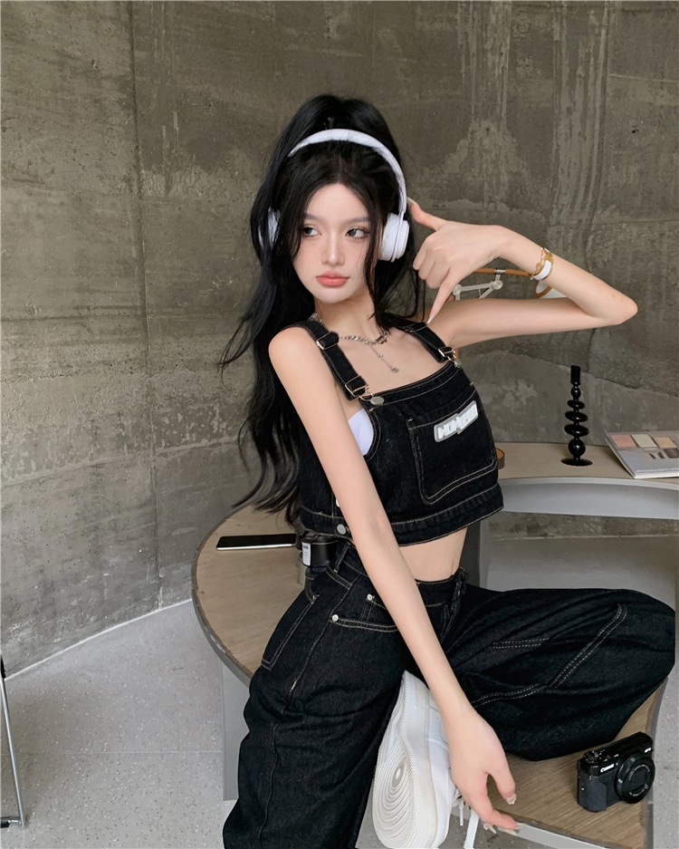 セットアップ レディース プルオーバー デニム Gパン ズボン デニムパンツ ワイドパンツ ストレートパンツ クロップド クロップド丈 ノースリーブ ノースリ スクエアネック ワイド ストレート