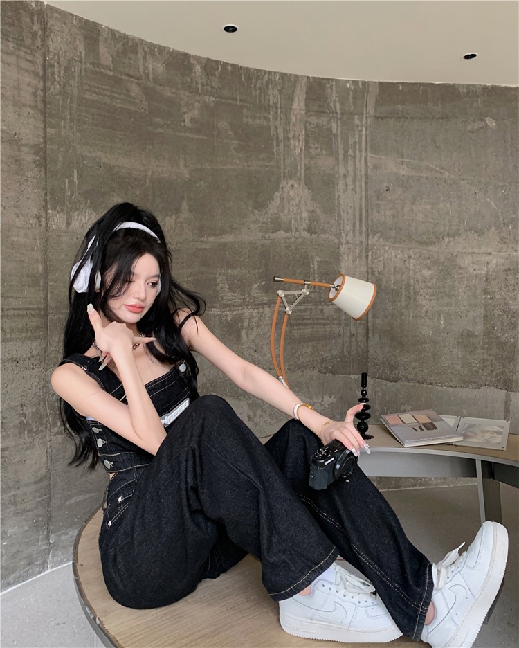 セットアップ レディース プルオーバー デニム Gパン ズボン デニムパンツ ワイドパンツ ストレートパンツ クロップド クロップド丈 ノースリーブ ノースリ スクエアネック ワイド ストレート