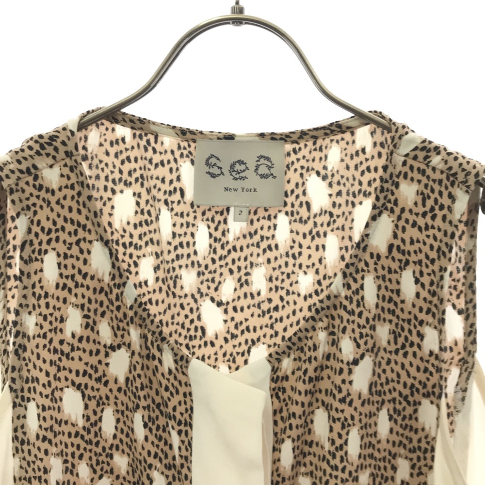 シルク USA製 豹柄 プリント ノースリーブ カットソー 2 ホワイト×ベージュ レディース シルク USA製 豹柄 プリント ノースリーブ カットソー 2 ホワイト×ベージュ レディース
