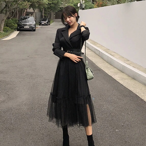 Hot!!!キャミワンピース 2024春 ワンピース ニット レディース フェイクレイヤード 韓国 セミロング ゆったり カジュアル スウエット 長袖ブラックインナー 気質 着やせ 韓国ファッション