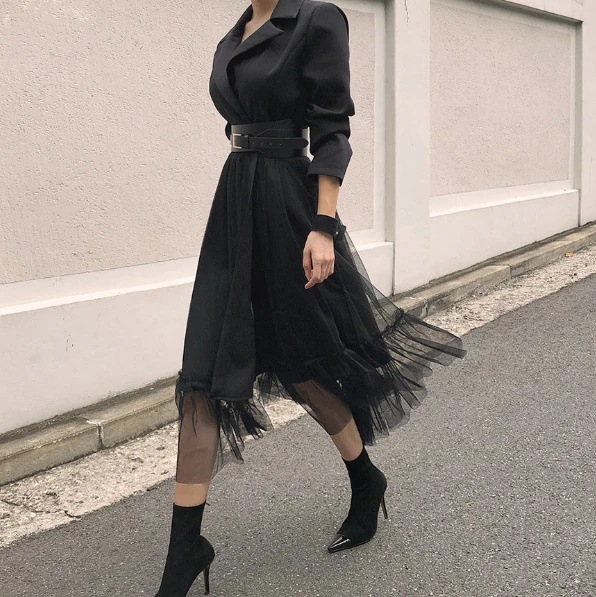 Hot!!!キャミワンピース 2024春 ワンピース ニット レディース フェイクレイヤード 韓国 セミロング ゆったり カジュアル スウエット 長袖ブラックインナー 気質 着やせ 韓国ファッション