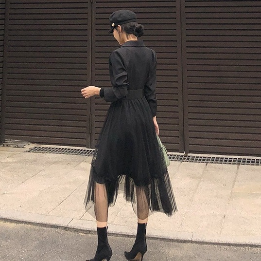 Hot!!!キャミワンピース 2024春 ワンピース ニット レディース フェイクレイヤード 韓国 セミロング ゆったり カジュアル スウエット 長袖ブラックインナー 気質 着やせ 韓国ファッション