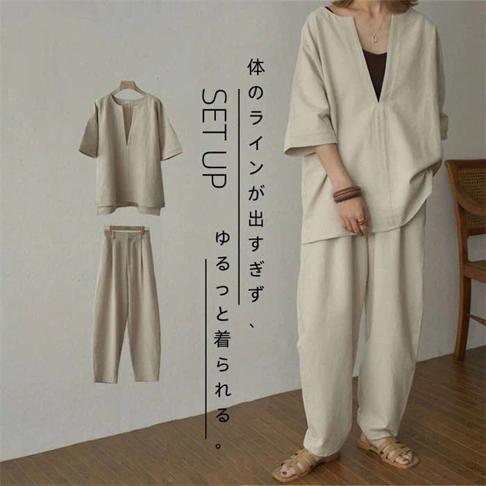 セットアップ パンツ レディース リネン 綿 コットン 夏 秋 上下セット 上下 ワイドパンツ 七分袖 半袖 Tシャツ Vネック 深Vネック カットソー きれいめ ゆったり 部屋着 無地 体型カバー セットアップ パンツ レディース リネン 綿 コットン 夏 秋 上下セット 上下 ワイドパンツ 七分袖 半袖 Tシャツ Vネック 深Vネック カットソー きれいめ ゆったり 部屋着 無地 体型カバー