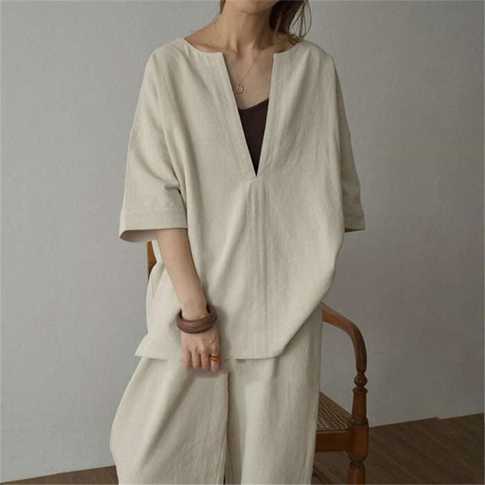 セットアップ パンツ レディース リネン 綿 コットン 夏 秋 上下セット 上下 ワイドパンツ 七分袖 半袖 Tシャツ Vネック 深Vネック カットソー きれいめ ゆったり 部屋着 無地 体型カバー セットアップ パンツ レディース リネン 綿 コットン 夏 秋 上下セット 上下 ワイドパンツ 七分袖 半袖 Tシャツ Vネック 深Vネック カットソー きれいめ ゆったり 部屋着 無地 体型カバー