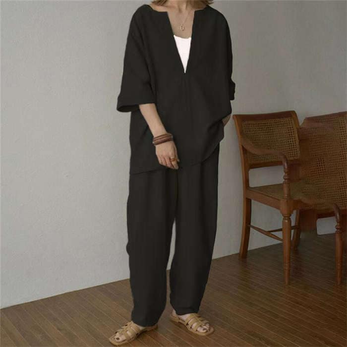 セットアップ パンツ レディース リネン 綿 コットン 夏 秋 上下セット 上下 ワイドパンツ 七分袖 半袖 Tシャツ Vネック 深Vネック カットソー きれいめ ゆったり 部屋着 無地 体型カバー セットアップ パンツ レディース リネン 綿 コットン 夏 秋 上下セット 上下 ワイドパンツ 七分袖 半袖 Tシャツ Vネック 深Vネック カットソー きれいめ ゆったり 部屋着 無地 体型カバー