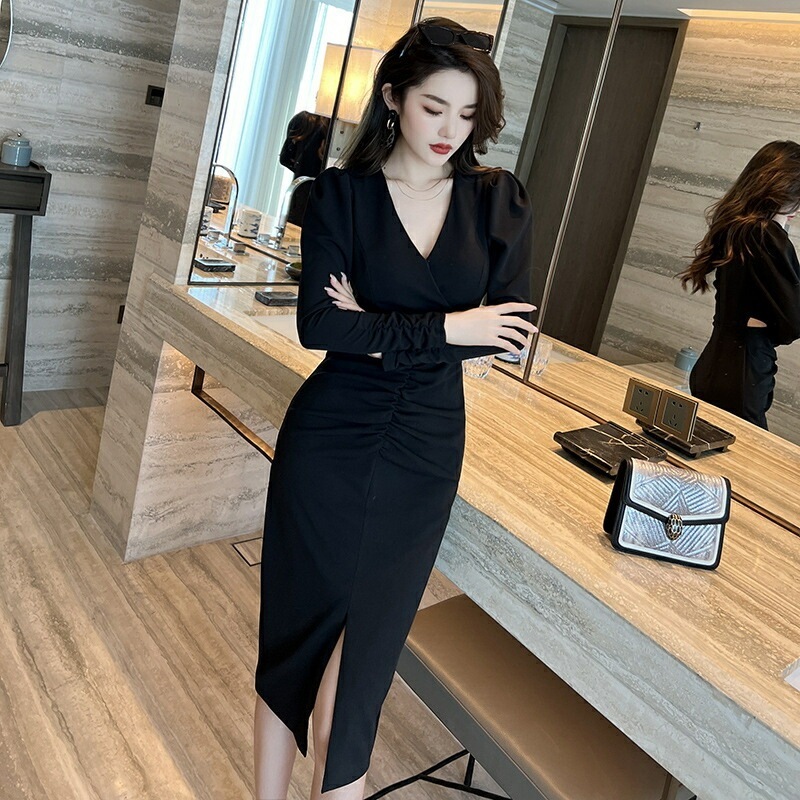 レディース キレイめ ワンピース 春 タイトワンピース ブラック 黒 ドレスワンピース 春 夏 長袖 膝丈 切り替え シンプル タイト 着痩せ お呼ばれ ロング丈 パーティドレス 上品 通勤