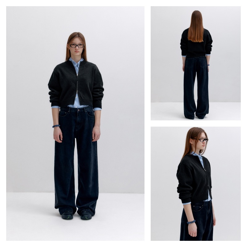 【LOW CLASSIC】 COTTON ZIP-UP CARDIGAN : BLACK