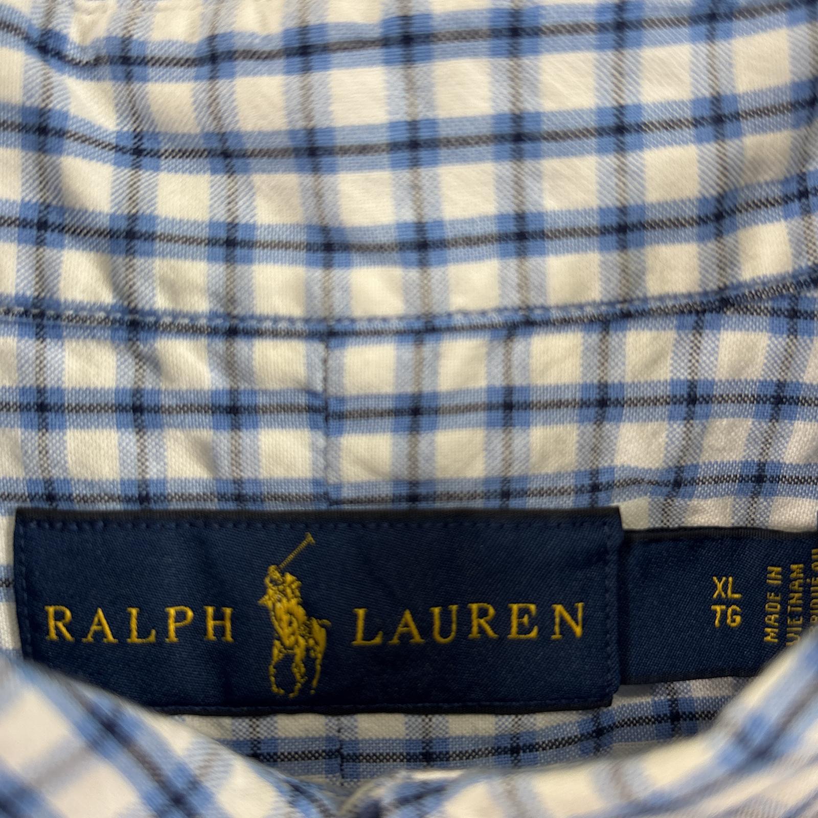 古着 半袖シャツ ワンポイント ロゴ 刺繍 ボタンダウンシャツ 大きいサイズ XL ブルー系 チェック メンズ