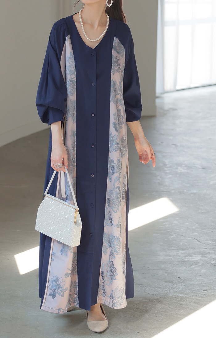 ワンピース 花柄 刺繍 異素材 レディース Vネック 長袖 ロング ロングワンピース マキシ フレア Aライン ワンピース 花柄 刺繍 異素材 レディース Vネック 長袖 ロング ロングワンピース マキシ フレア Aライン