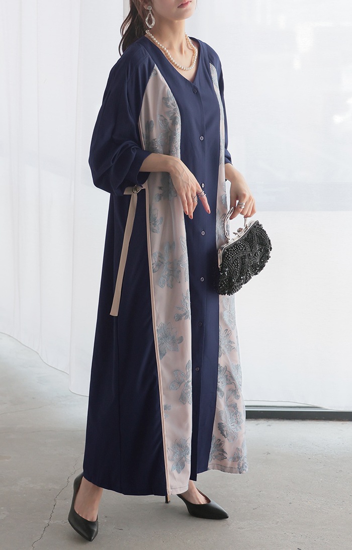 ワンピース 花柄 刺繍 異素材 レディース Vネック 長袖 ロング ロングワンピース マキシ フレア Aライン ワンピース 花柄 刺繍 異素材 レディース Vネック 長袖 ロング ロングワンピース マキシ フレア Aライン