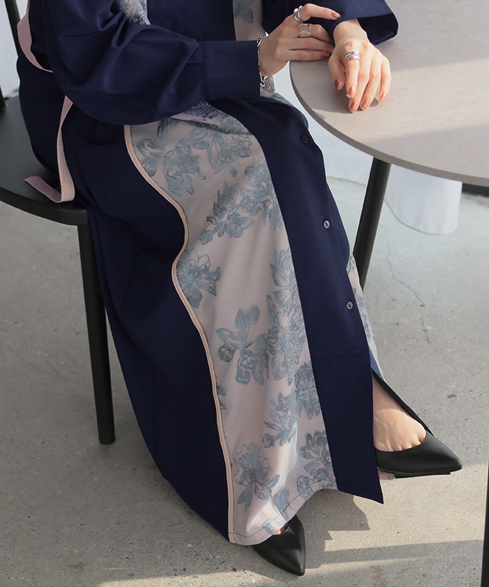 ワンピース 花柄 刺繍 異素材 レディース Vネック 長袖 ロング ロングワンピース マキシ フレア Aライン ワンピース 花柄 刺繍 異素材 レディース Vネック 長袖 ロング ロングワンピース マキシ フレア Aライン