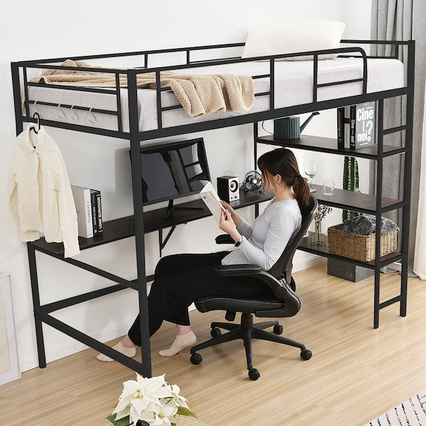 10cm厚さマットレス付】ロフトベッド 階段付き SD セミダブル