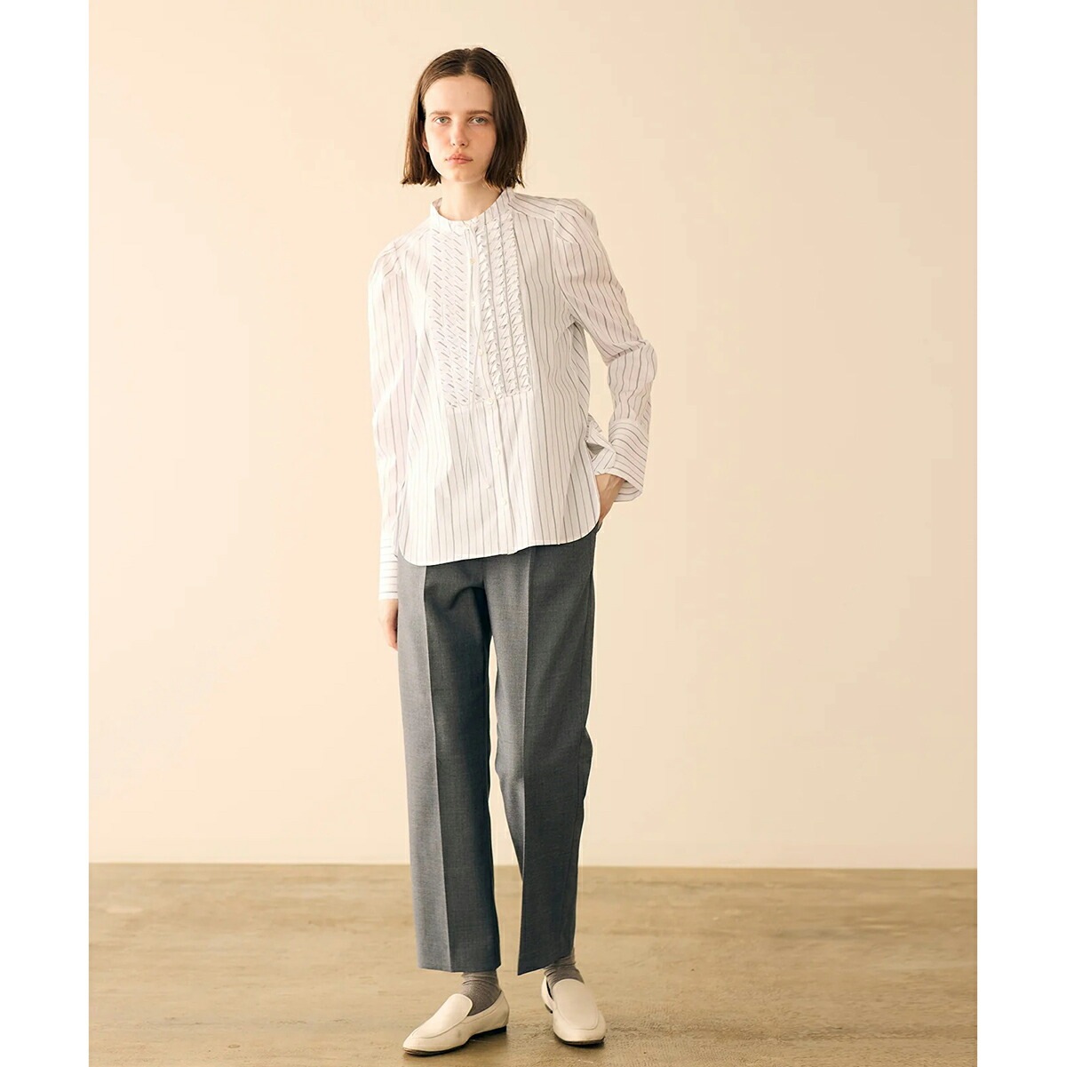 MARILYN MOON マリリンムーン ブラウス tuck frill strip blouse 4253-133 レディース ストライプ フリル リボン パワーショルダー 長袖 カラー2色
