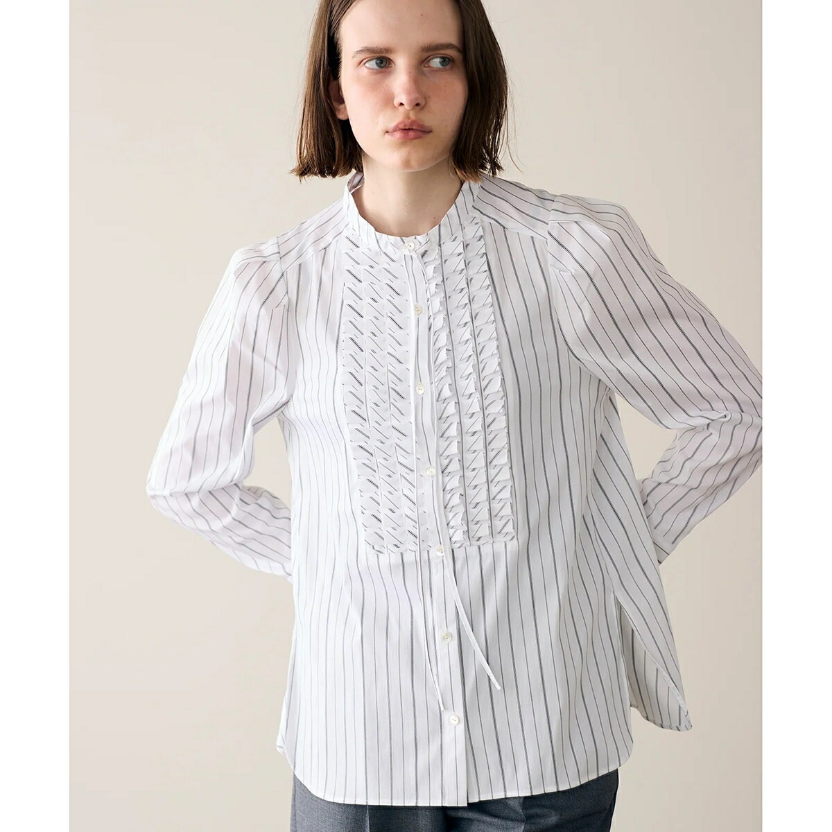 MARILYN MOON マリリンムーン ブラウス tuck frill strip blouse 4253-133 レディース ストライプ フリル リボン パワーショルダー 長袖 カラー2色