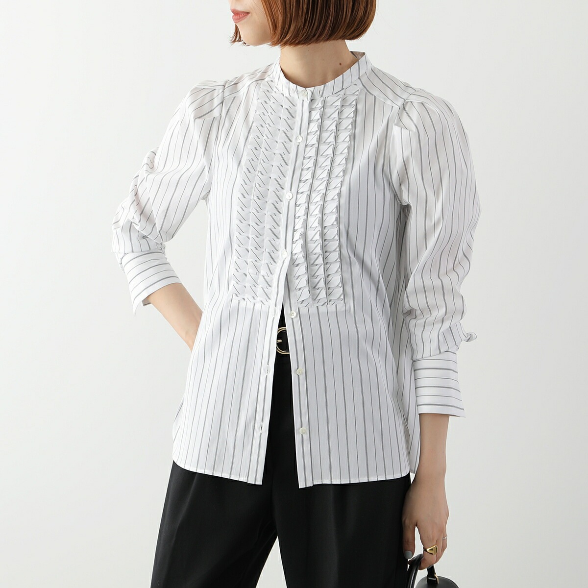 MARILYN MOON マリリンムーン ブラウス tuck frill strip blouse 4253-133 レディース ストライプ フリル リボン パワーショルダー 長袖 カラー2色