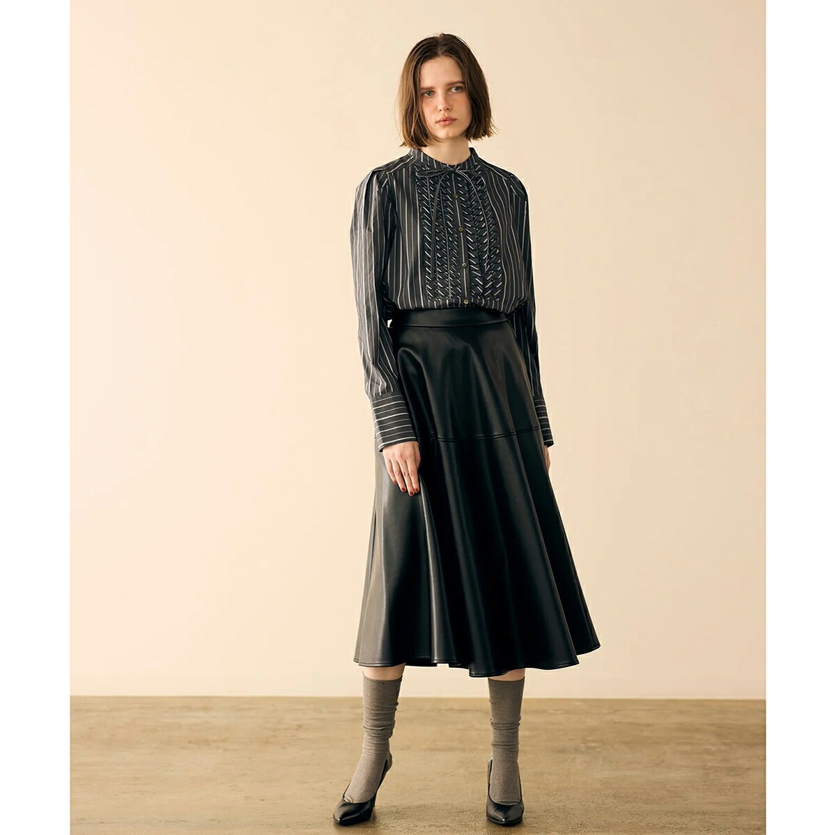 MARILYN MOON マリリンムーン ブラウス tuck frill strip blouse 4253-133 レディース ストライプ フリル リボン パワーショルダー 長袖 カラー2色