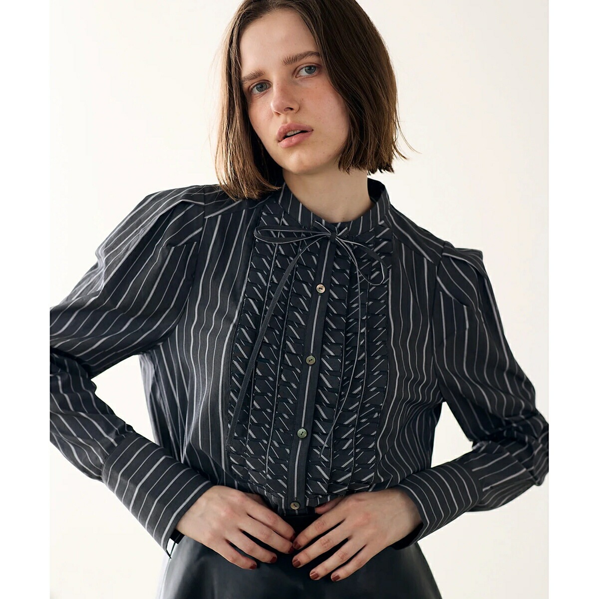 MARILYN MOON マリリンムーン ブラウス tuck frill strip blouse 4253-133 レディース ストライプ フリル リボン パワーショルダー 長袖 カラー2色