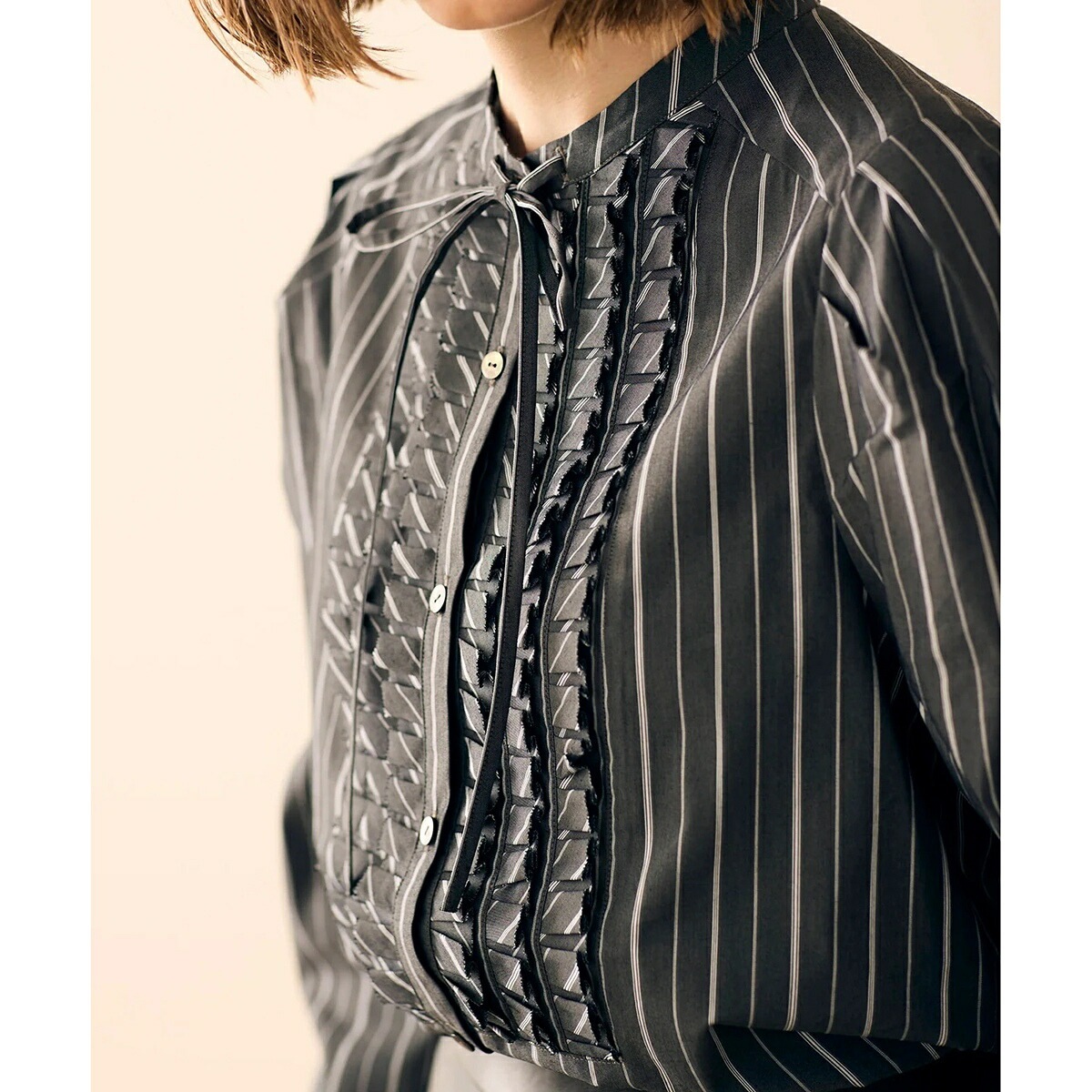 MARILYN MOON マリリンムーン ブラウス tuck frill strip blouse 4253-133 レディース ストライプ フリル リボン パワーショルダー 長袖 カラー2色