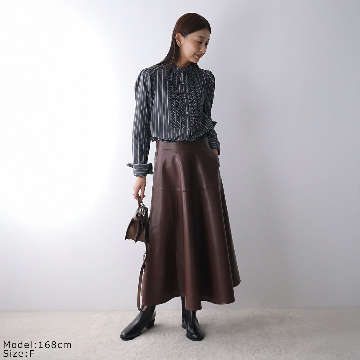 MARILYN MOON マリリンムーン ブラウス tuck frill strip blouse 4253-133 レディース ストライプ フリル リボン パワーショルダー 長袖 カラー2色