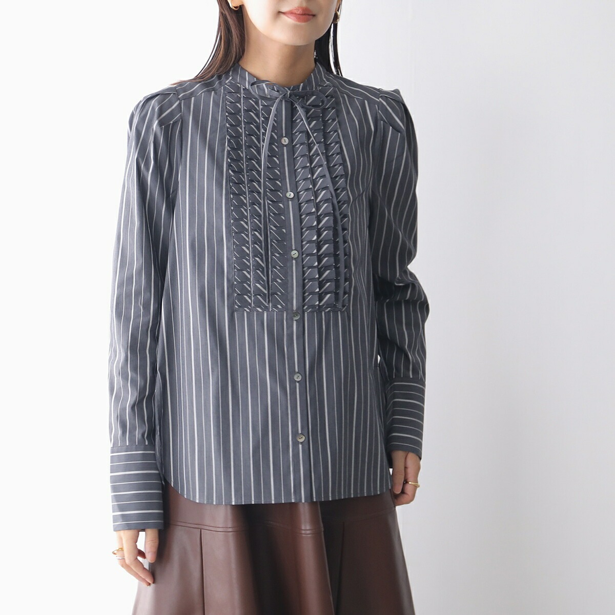 MARILYN MOON マリリンムーン ブラウス tuck frill strip blouse 4253-133 レディース ストライプ フリル リボン パワーショルダー 長袖 カラー2色
