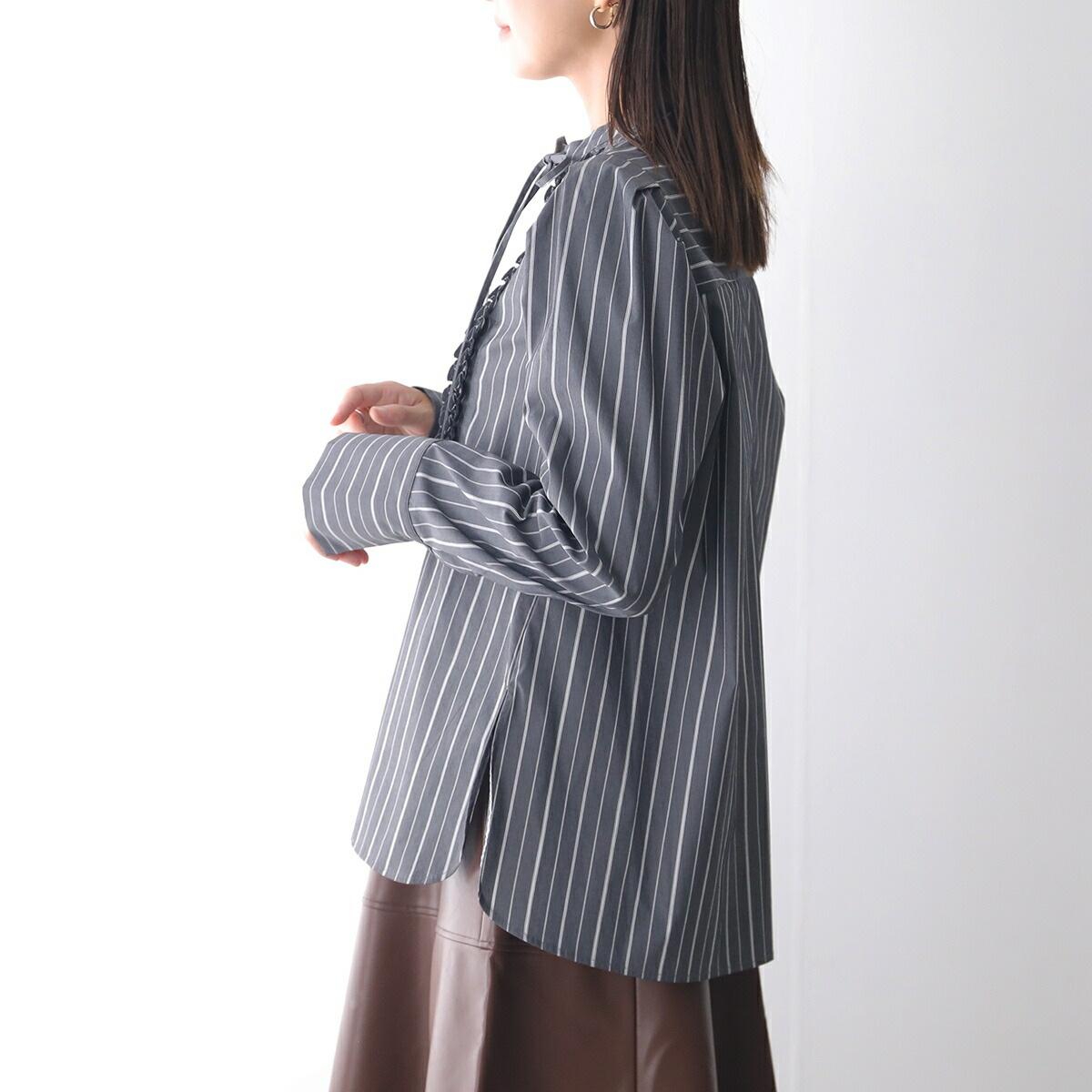 MARILYN MOON マリリンムーン ブラウス tuck frill strip blouse 4253-133 レディース ストライプ フリル リボン パワーショルダー 長袖 カラー2色