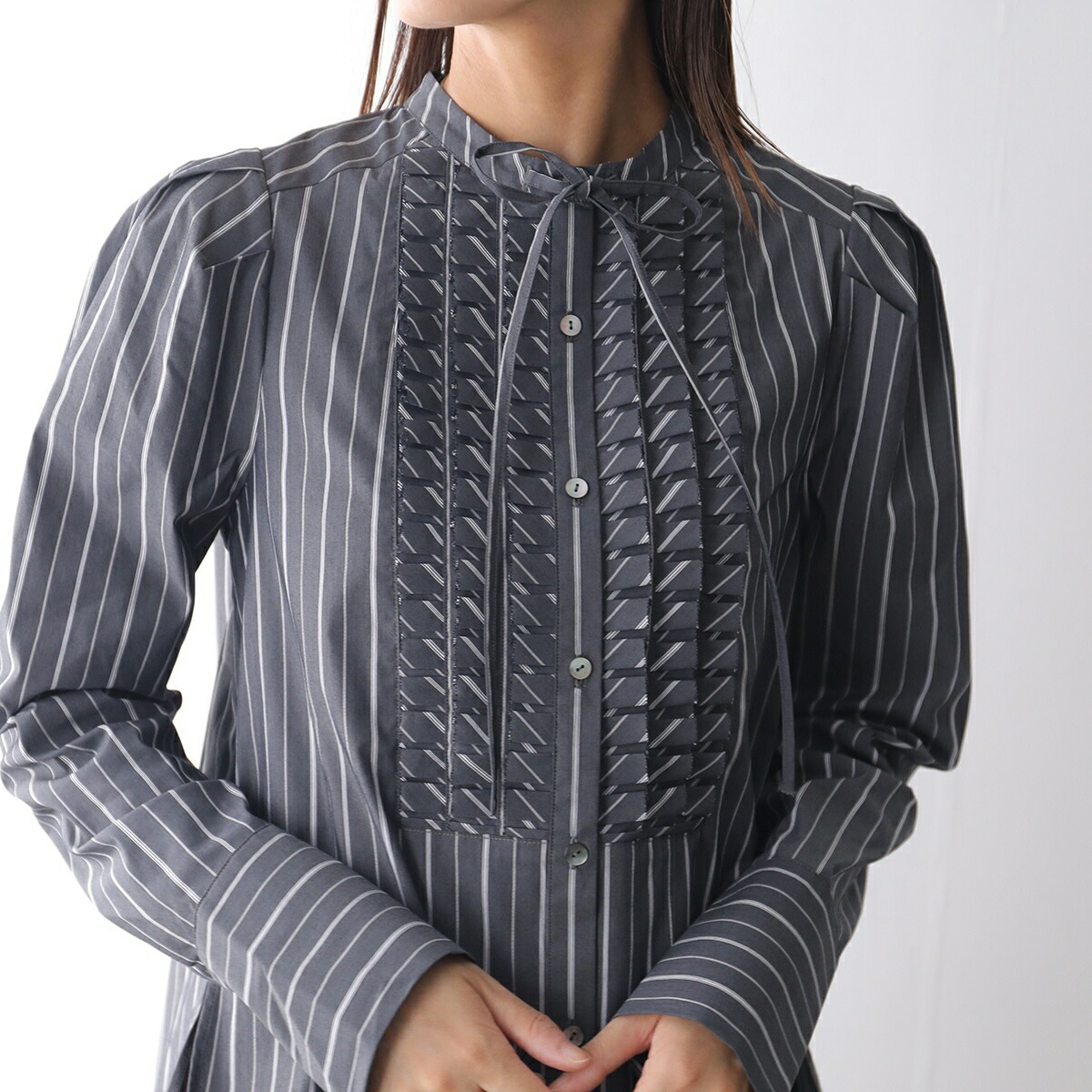 MARILYN MOON マリリンムーン ブラウス tuck frill strip blouse 4253-133 レディース ストライプ フリル リボン パワーショルダー 長袖 カラー2色