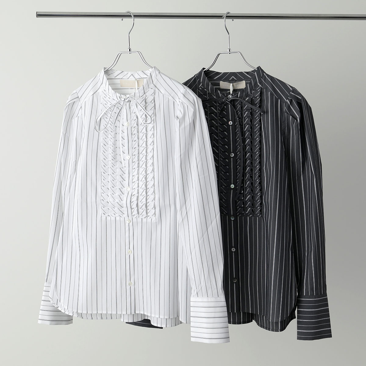 MARILYN MOON マリリンムーン ブラウス tuck frill strip blouse 4253-133 レディース ストライプ フリル リボン パワーショルダー 長袖 カラー2色