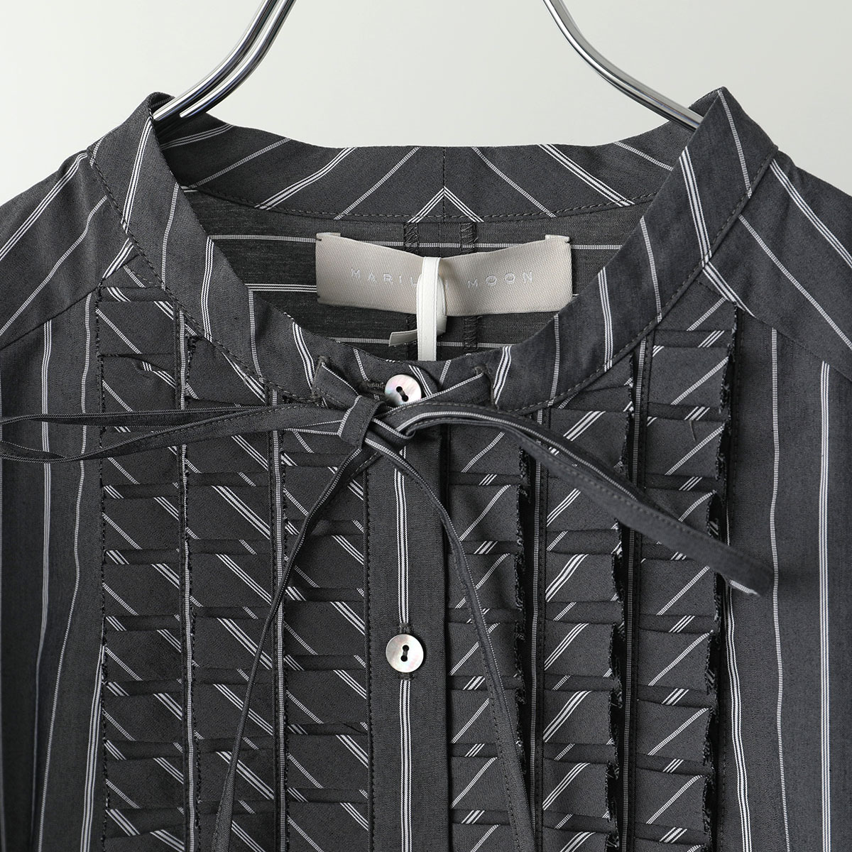 MARILYN MOON マリリンムーン ブラウス tuck frill strip blouse 4253-133 レディース ストライプ フリル リボン パワーショルダー 長袖 カラー2色