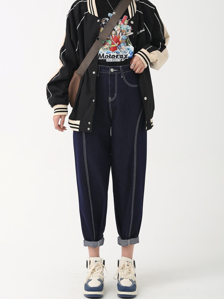 紺ハイウエストハーレムジーンズ女性春春冬春春冬春新作バナナ薄い小さlいサイズ