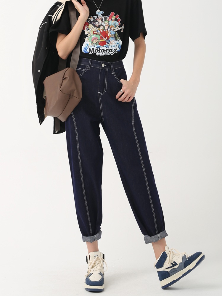 紺ハイウエストハーレムジーンズ女性春春冬春春冬春新作バナナ薄い小さlいサイズ