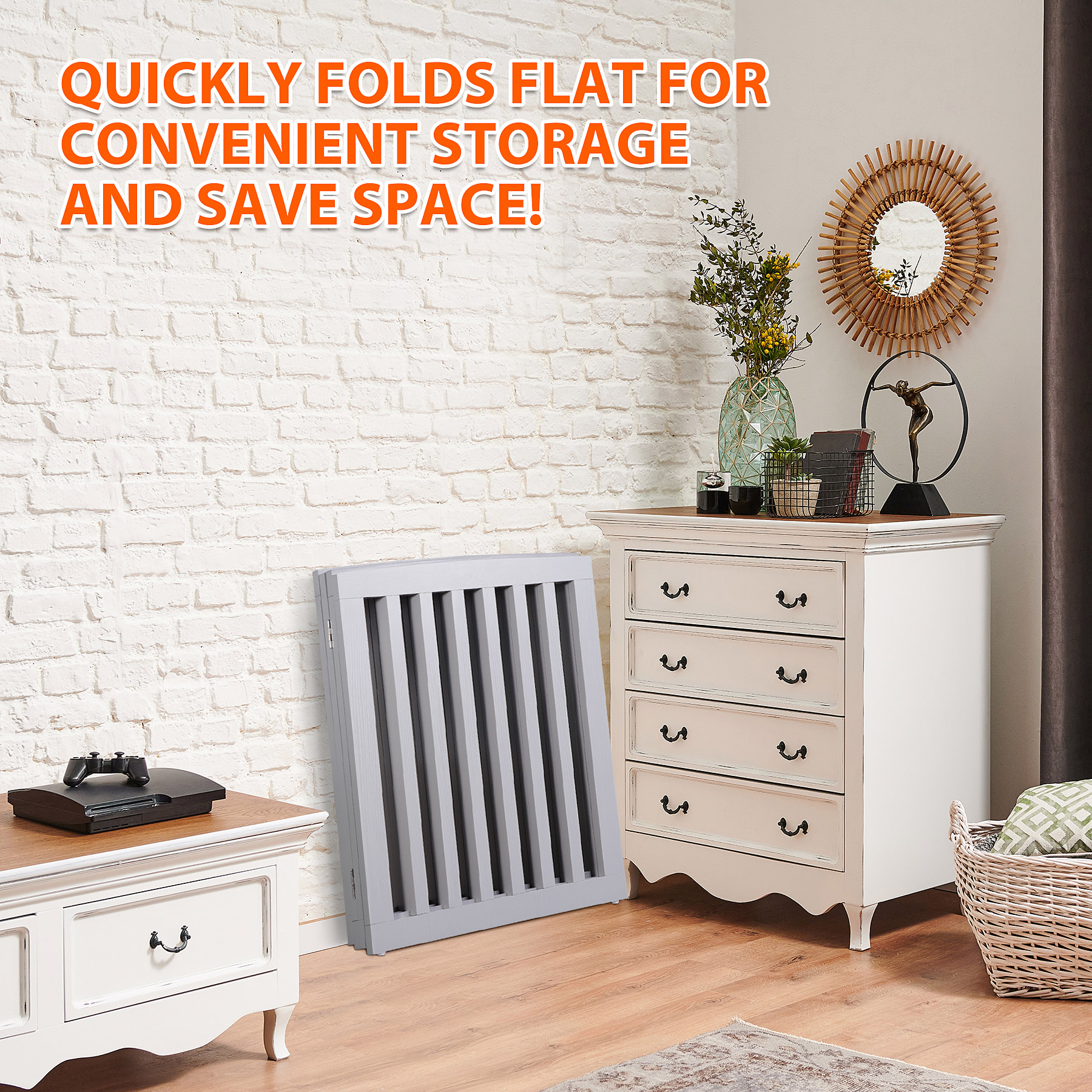 選べる3色　人気　白　新色　茶色　灰色　木製犬用ゲート 折り式バリア ペット用家具 フェンス 4枚 ペットゲート 折り式 安全柵 小型犬 中型犬 ペットガード 208x61cmx1.8cm