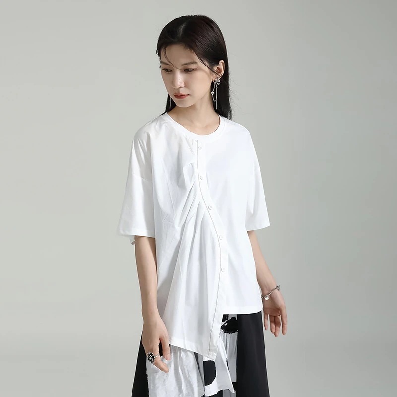 【上品】 ラウンドネック 半袖 Tシャツ 不規則裾 斜めデザイン ドッキング ブラウス レディース おしゃれ 上質 関連商品は店で購入可能 メガ割 【上品】 ラウンドネック 半袖 Tシャツ 不規則裾 斜めデザイン ドッキング ブラウス レディース おしゃれ 上質 関連商品は店で購入可能 メガ割