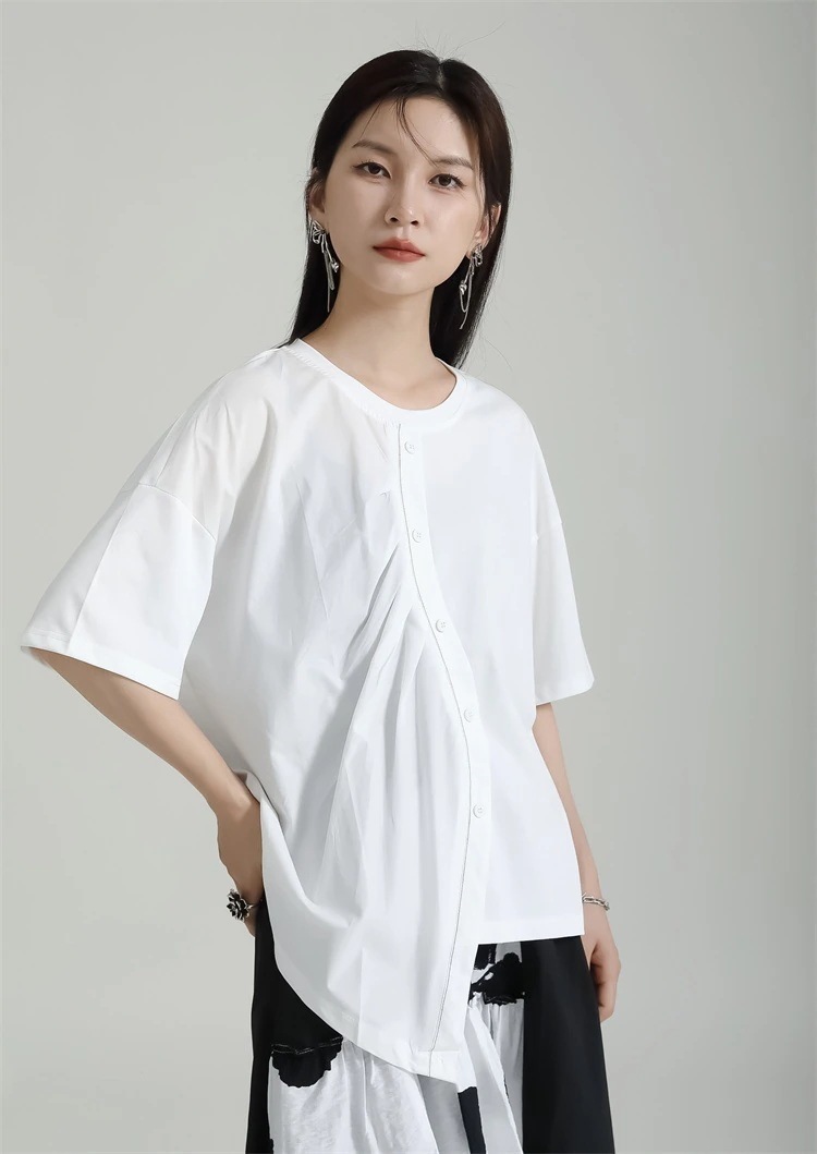 【上品】 ラウンドネック 半袖 Tシャツ 不規則裾 斜めデザイン ドッキング ブラウス レディース おしゃれ 上質 関連商品は店で購入可能 メガ割 【上品】 ラウンドネック 半袖 Tシャツ 不規則裾 斜めデザイン ドッキング ブラウス レディース おしゃれ 上質 関連商品は店で購入可能 メガ割