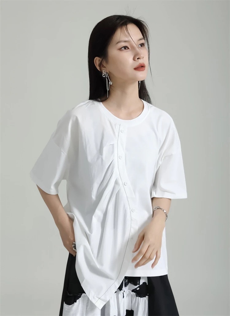 【上品】 ラウンドネック 半袖 Tシャツ 不規則裾 斜めデザイン ドッキング ブラウス レディース おしゃれ 上質 関連商品は店で購入可能 メガ割 【上品】 ラウンドネック 半袖 Tシャツ 不規則裾 斜めデザイン ドッキング ブラウス レディース おしゃれ 上質 関連商品は店で購入可能 メガ割