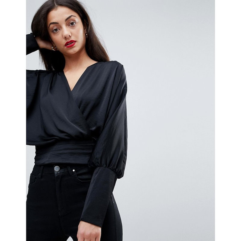 エイソス レディース トップス【ASOS TALL Satin Batwing Wrap Top】Black エイソス レディース トップス【ASOS TALL Satin Batwing Wrap Top】Black