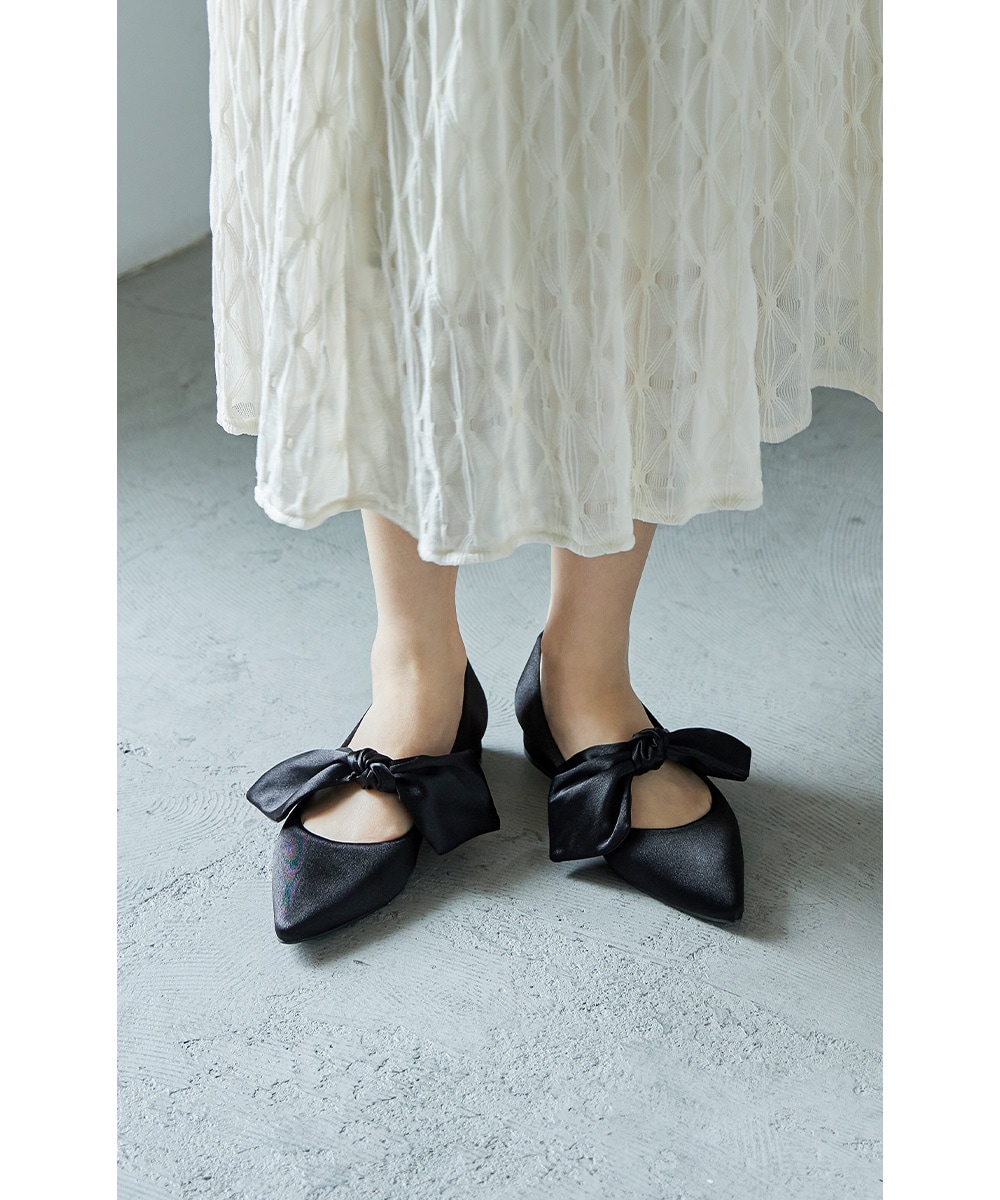 結婚式 パンプス パーティーシューズ サテン リボン フラット バレエシューズ ローヒール 靴 ポインテッドトゥ 歩きやすい らくちん 痛くない 二次会 パーティー フォーマル お呼ばれ 女子会