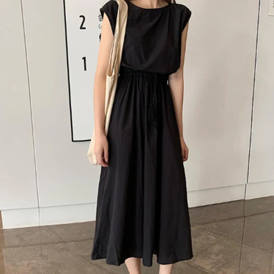 リネンワンピース レディース ウエストゴム チェック柄 ロングワンピース ウエストシャーリング Aラインワンピース ノースリーブ