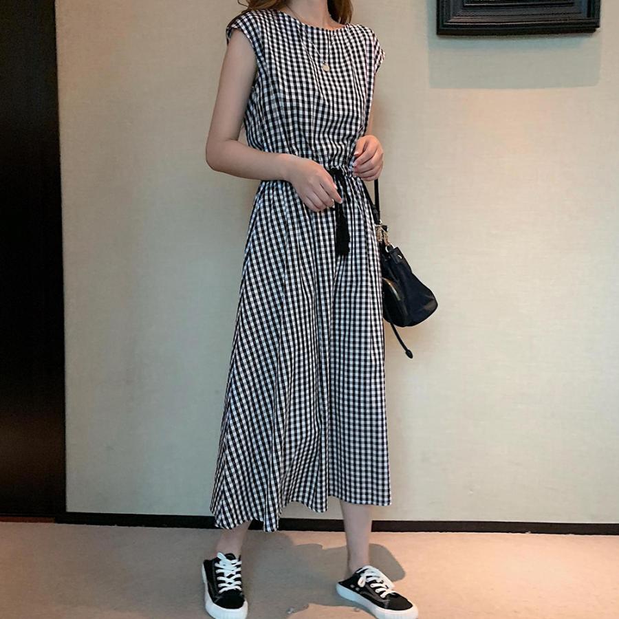 リネンワンピース レディース ウエストゴム チェック柄 ロングワンピース ウエストシャーリング Aラインワンピース ノースリーブ