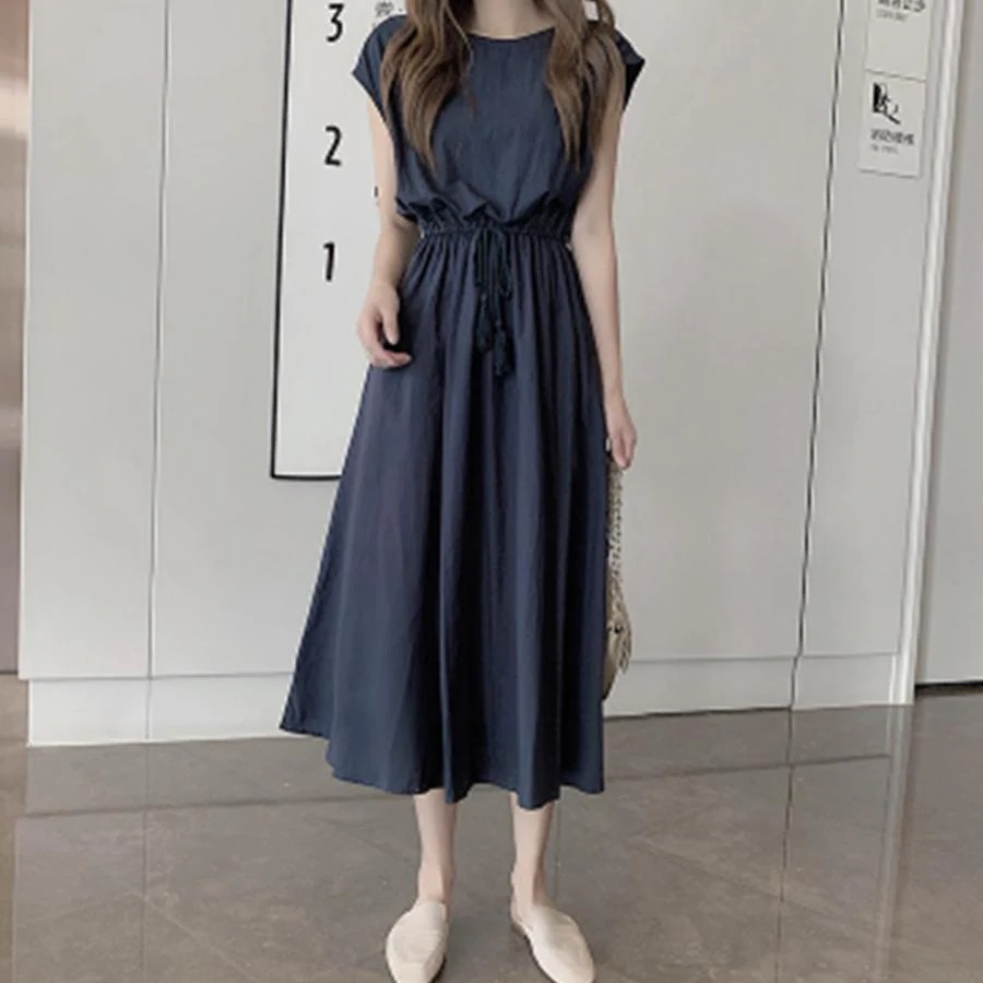 リネンワンピース レディース ウエストゴム チェック柄 ロングワンピース ウエストシャーリング Aラインワンピース ノースリーブ