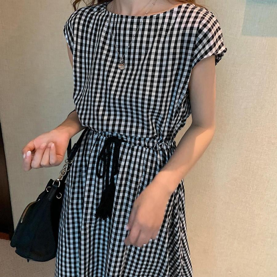 リネンワンピース レディース ウエストゴム チェック柄 ロングワンピース ウエストシャーリング Aラインワンピース ノースリーブ