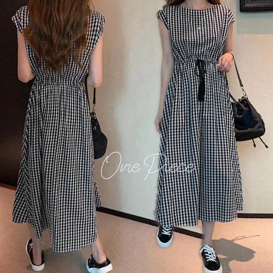 リネンワンピース レディース ウエストゴム チェック柄 ロングワンピース ウエストシャーリング Aラインワンピース ノースリーブ