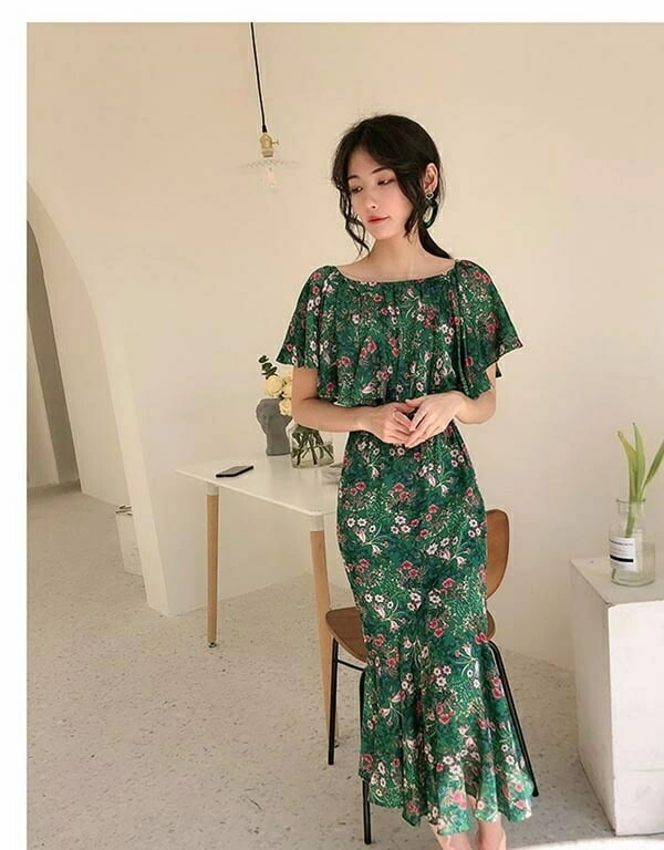 マーメイド 夏ワンピース シフォン オフショルダー 2Ways 花柄 リゾートワンピース 沖縄 大人可愛い かわいい きれいめ 大人可愛い かわいい フリル グリーン オフショル 花柄ワンピース ハワ