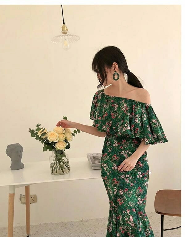 マーメイド 夏ワンピース シフォン オフショルダー 2Ways 花柄 リゾートワンピース 沖縄 大人可愛い かわいい きれいめ 大人可愛い かわいい フリル グリーン オフショル 花柄ワンピース ハワ