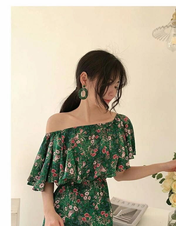 マーメイド 夏ワンピース シフォン オフショルダー 2Ways 花柄 リゾートワンピース 沖縄 大人可愛い かわいい きれいめ 大人可愛い かわいい フリル グリーン オフショル 花柄ワンピース ハワ