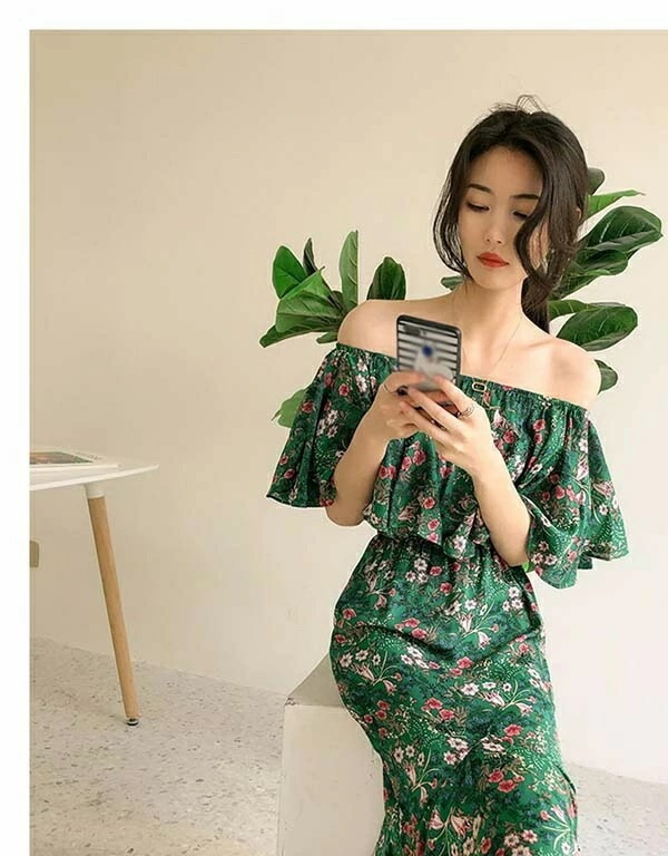 マーメイド 夏ワンピース シフォン オフショルダー 2Ways 花柄 リゾートワンピース 沖縄 大人可愛い かわいい きれいめ 大人可愛い かわいい フリル グリーン オフショル 花柄ワンピース ハワ