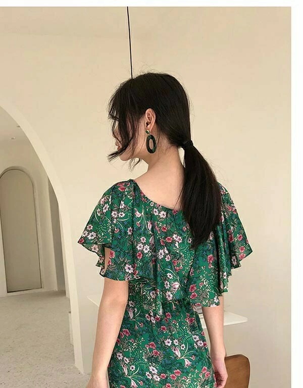 マーメイド 夏ワンピース シフォン オフショルダー 2Ways 花柄 リゾートワンピース 沖縄 大人可愛い かわいい きれいめ 大人可愛い かわいい フリル グリーン オフショル 花柄ワンピース ハワ