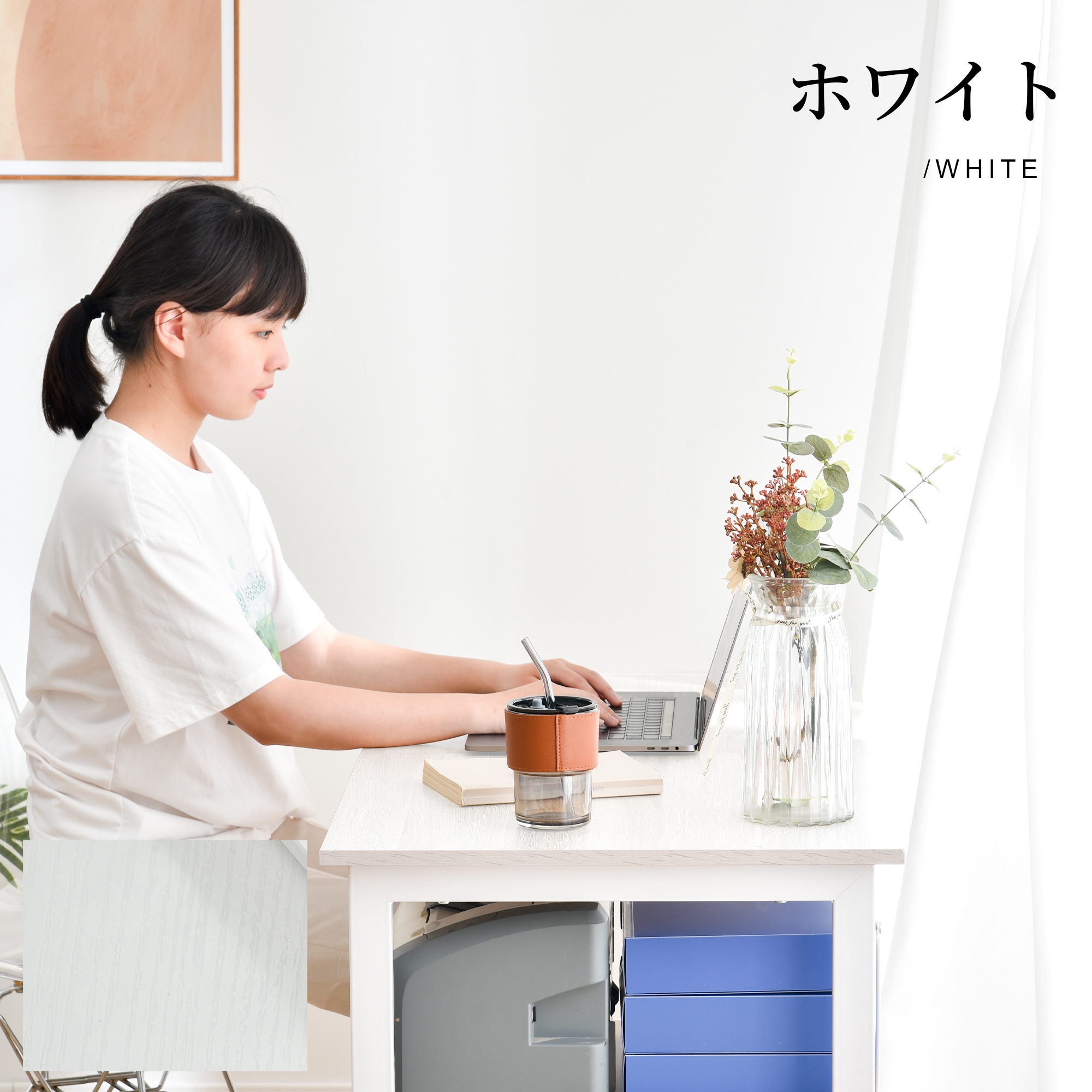 【国内出荷】【値上げ予定　12月8日～】【新品登場】パソコンデスク 折りたたみデスク 簡易デスク オフィスデスク 学習デスク 3段収納ラック キャスター付き【ホワイト】